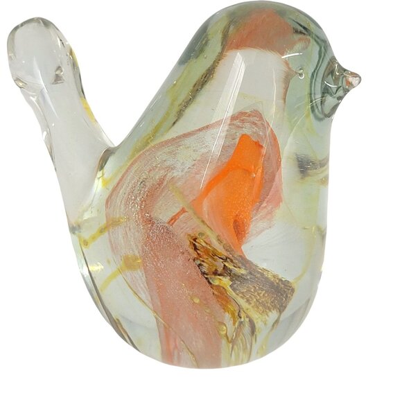 Art Glass Bird Paperweight Orange Swirl Abstract Pattern Flat Bottom 3.5 - Picture 2 of 8